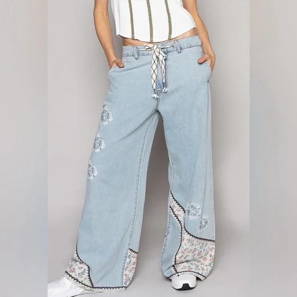 POL Floral Patchwork Embroidered Drawstring Jeans - Picture 8 of 8